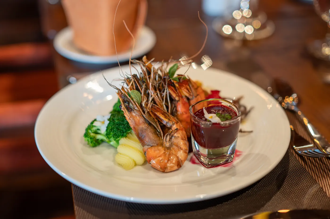 Grilled highland prawns plated with a beetroot verrine at the Horton Heights restaurant