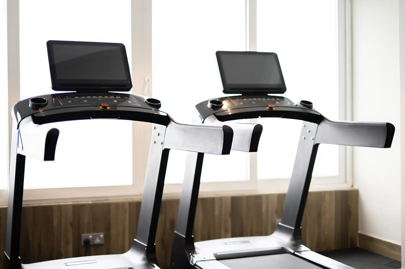 Twin treadmills beside sunlit windows