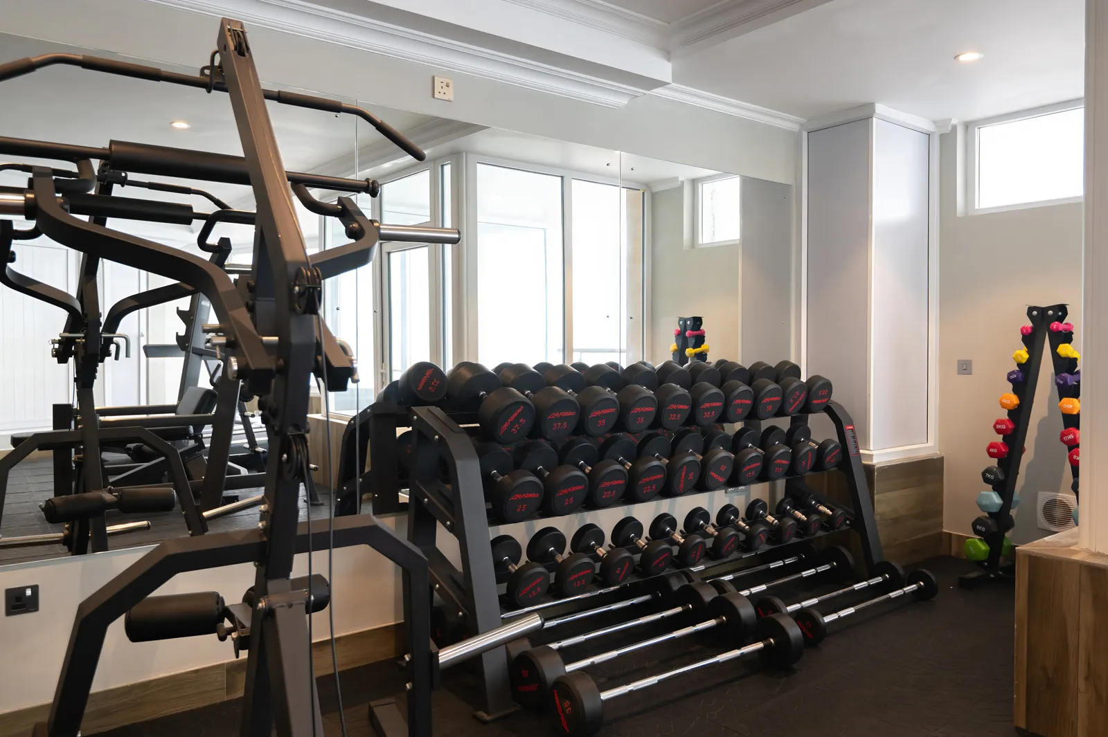 Rack of dumbbells and barbells beside a mirrored weights station in the gym